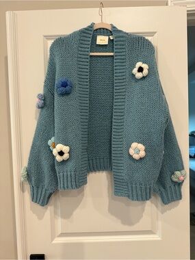 Anthropologie Maeve Blue Floral Appliqué Cardigan Sweater